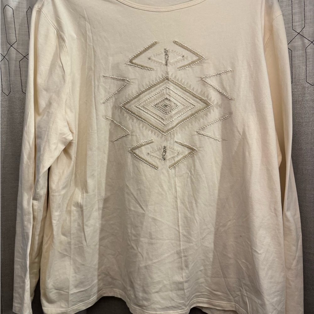 Ralph Lauren Southwestern Cream Beaded Sequins Long Sleeve Shirt
